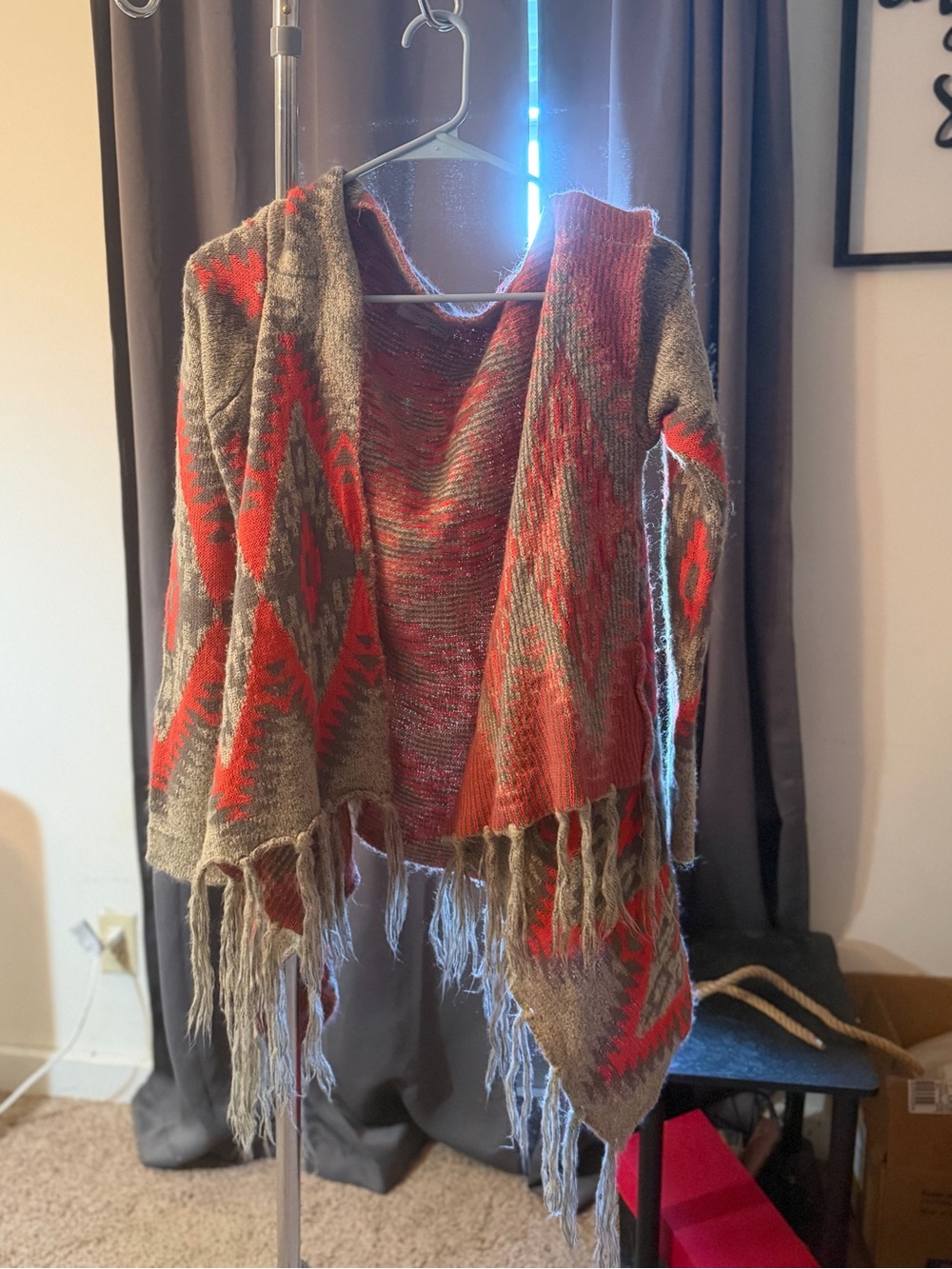 Fringed Open-Front Knit Cardigan Sweater in Peach and Gray